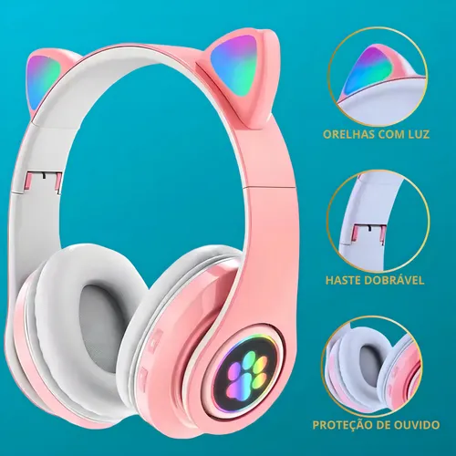 Fone De Ouvido Gatinho Bluetooth Infantil Led Menino Menina